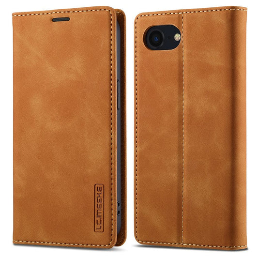 LC.IMEEKE For iPhone 16e Case Scratch-Proof Microfiber Leather Magnetic Closing Phone Cover - Brown