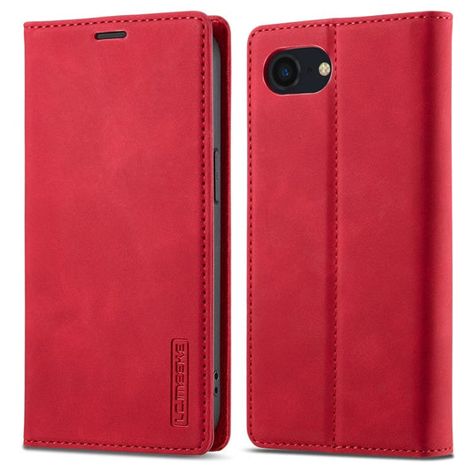LC.IMEEKE For iPhone 16e Case Scratch-Proof Microfiber Leather Magnetic Closing Phone Cover - Red