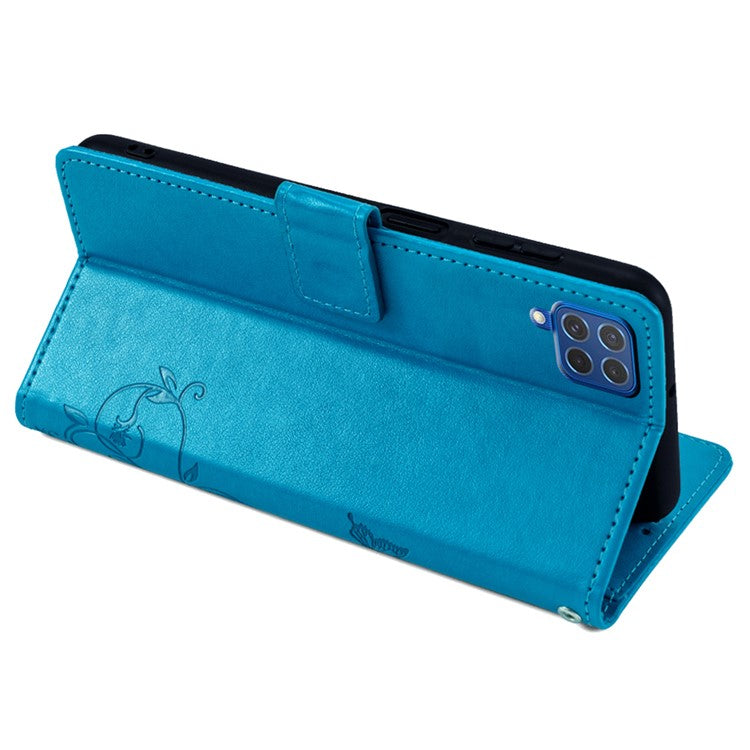 For Samsung Galaxy F62 / M62 Case Stylish Imprinted PU Leather Phone Cover with Wallet Stand - Blue