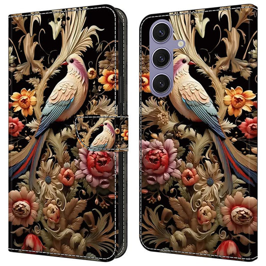 For Samsung Galaxy S24+ Case PU Leather Pattern Design Magnetic Folio Phone Cover - Vintage Flower and Bird