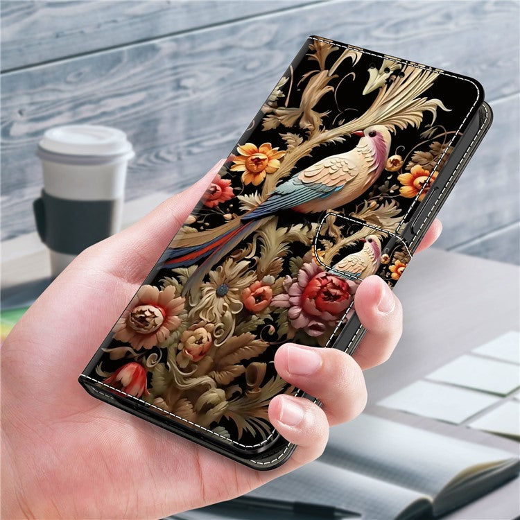 For Samsung Galaxy S24+ Case PU Leather Pattern Design Magnetic Folio Phone Cover - Vintage Flower and Bird