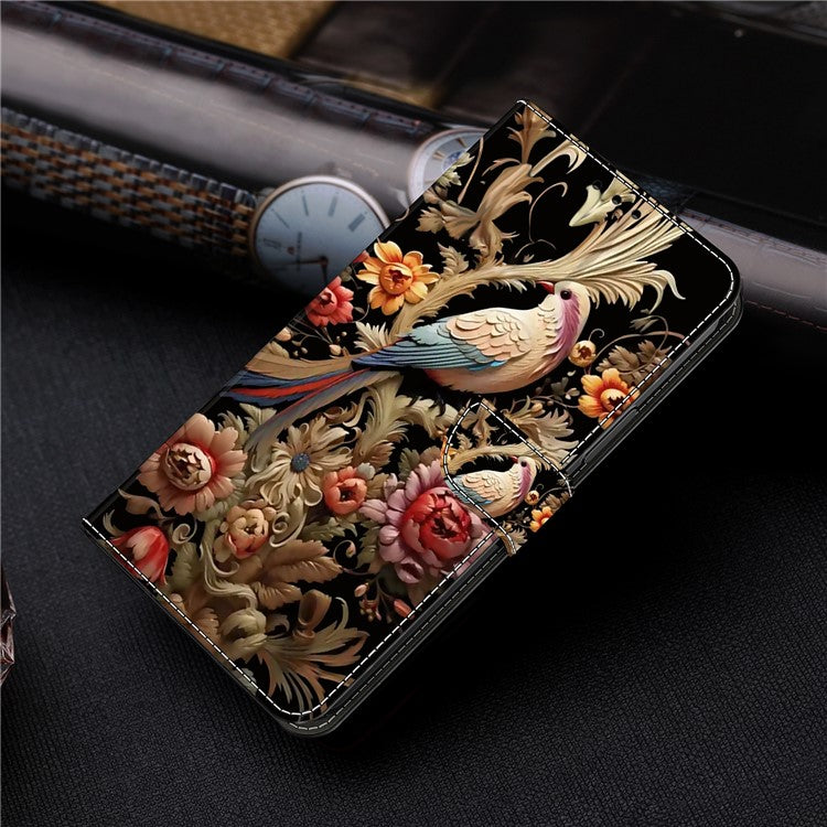 For Samsung Galaxy S24+ Case PU Leather Pattern Design Magnetic Folio Phone Cover - Vintage Flower and Bird