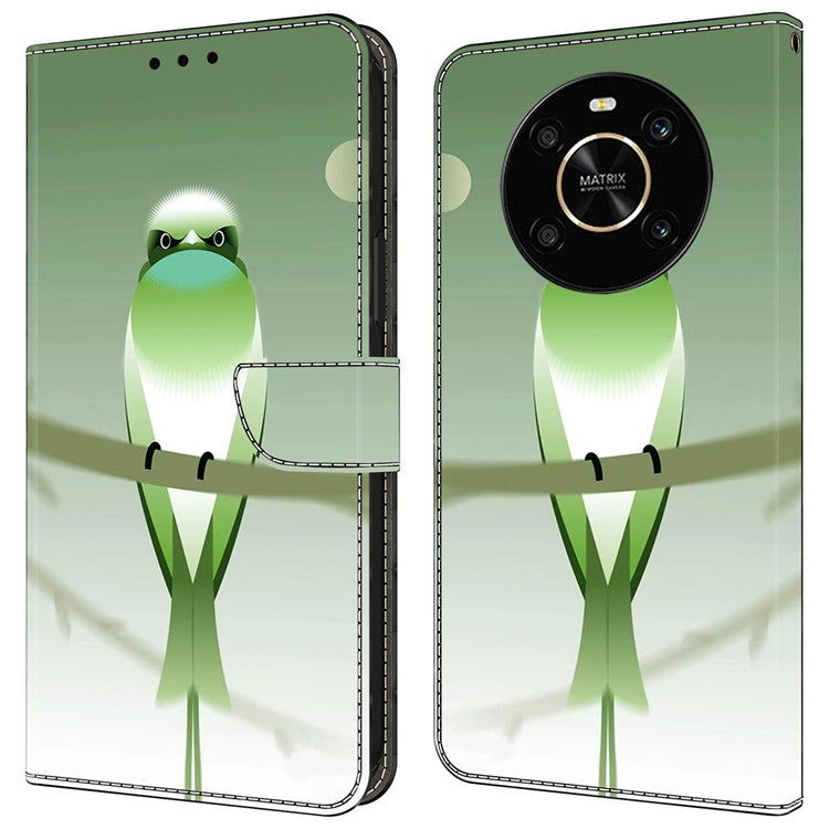 For Honor X9 5G Scratch-Resistant Mobile Phone Case Shockproof Pattern Wallet Stand Cover - Green Bird