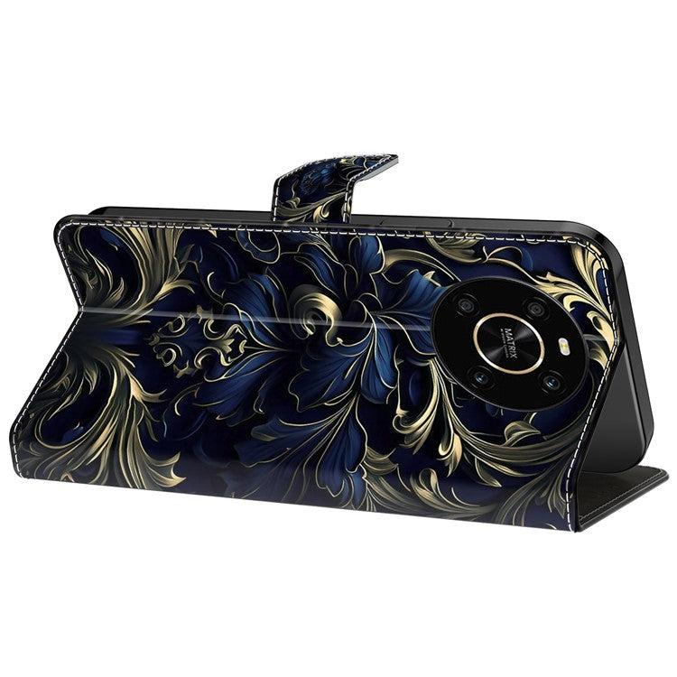 For Honor X9 5G Scratch-Resistant Mobile Phone Case Shockproof Pattern Wallet Stand Cover - Blue Flower