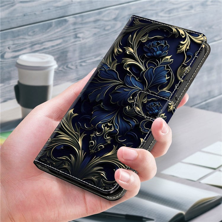 For Honor X9 5G Scratch-Resistant Mobile Phone Case Shockproof Pattern Wallet Stand Cover - Blue Flower