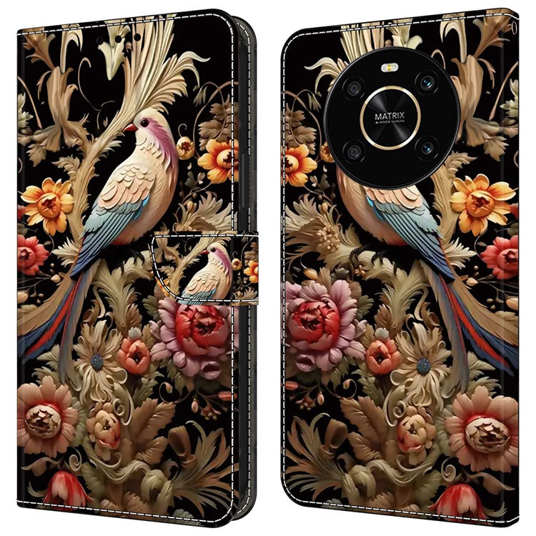 For Honor X9 5G Scratch-Resistant Mobile Phone Case Shockproof Pattern Wallet Stand Cover - Vintage Flower and Bird