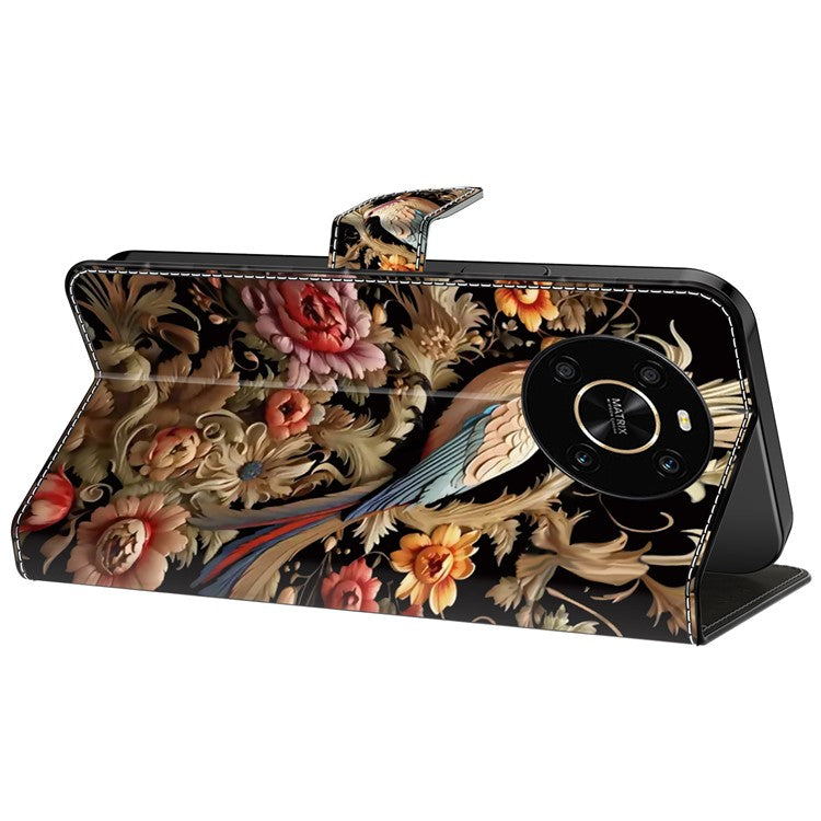 For Honor X9 5G Scratch-Resistant Mobile Phone Case Shockproof Pattern Wallet Stand Cover - Vintage Flower and Bird
