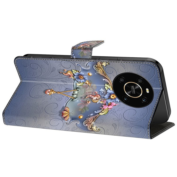 For Honor X9 5G Scratch-Resistant Mobile Phone Case Shockproof Pattern Wallet Stand Cover - Carving Flower