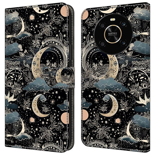 For Honor X9 5G Scratch-Resistant Mobile Phone Case Shockproof Pattern Wallet Stand Cover - Moon
