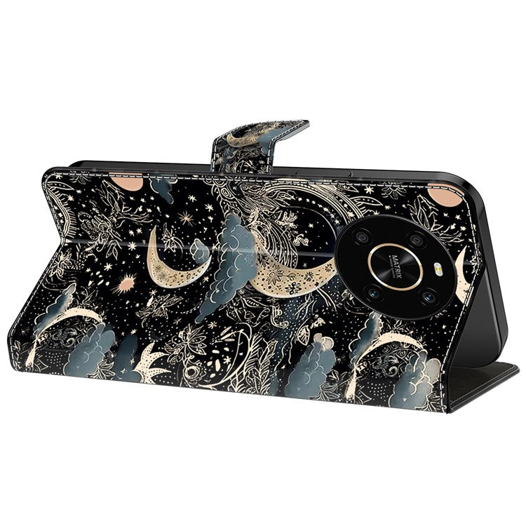 For Honor X9 5G Scratch-Resistant Mobile Phone Case Shockproof Pattern Wallet Stand Cover - Moon