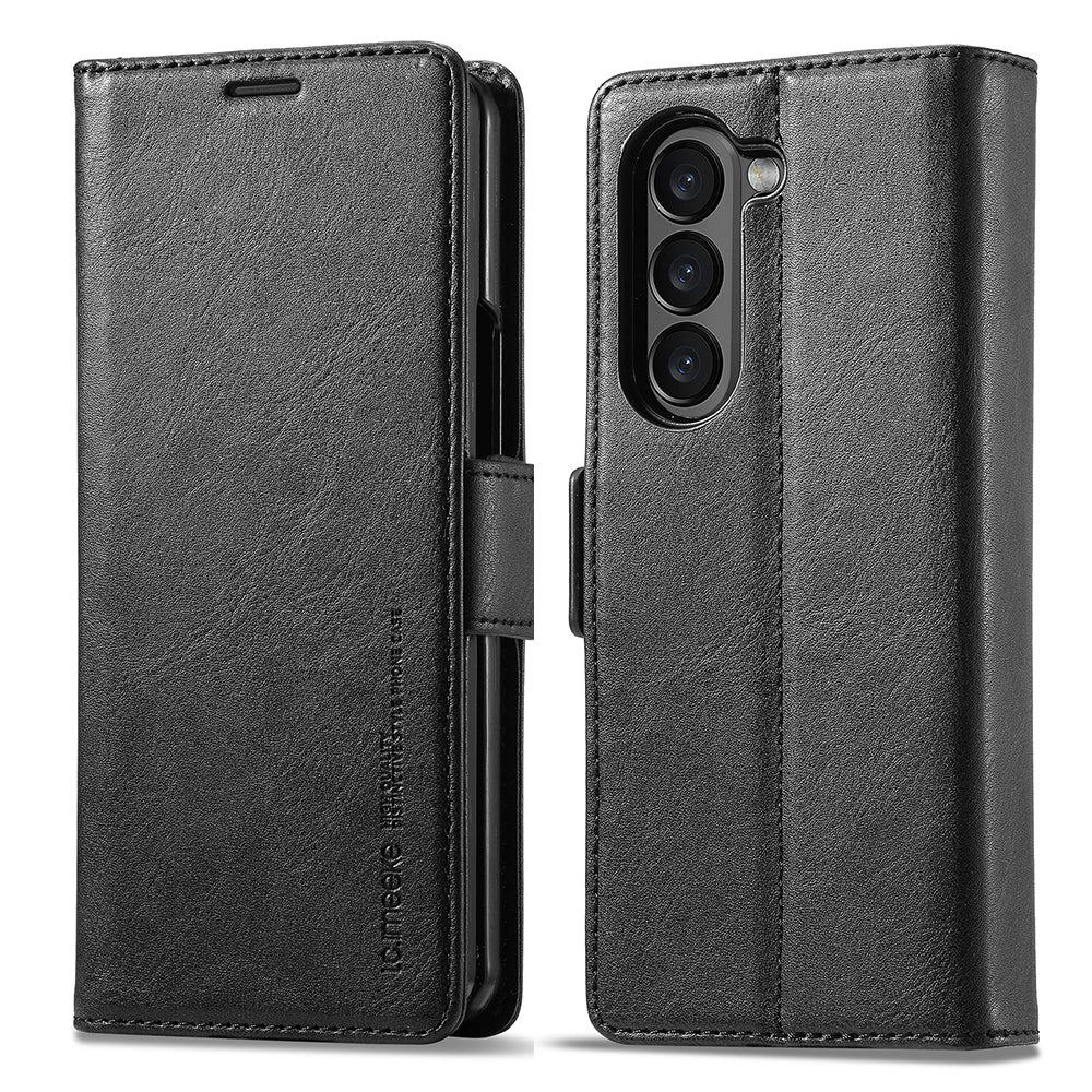 LC.IMEEKE For Samsung Galaxy Z Fold6 5G Phone Stand Case PU Leather RFID Blocking Wallet Cover - Black