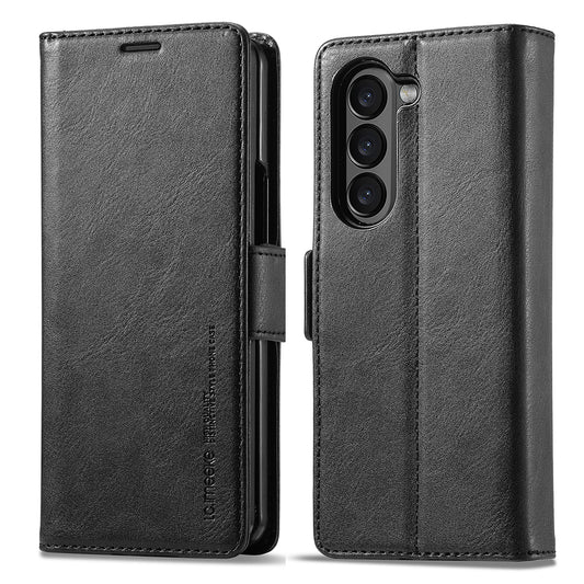 LC.IMEEKE For Samsung Galaxy Z Fold6 5G Phone Stand Case PU Leather RFID Blocking Wallet Cover - Black