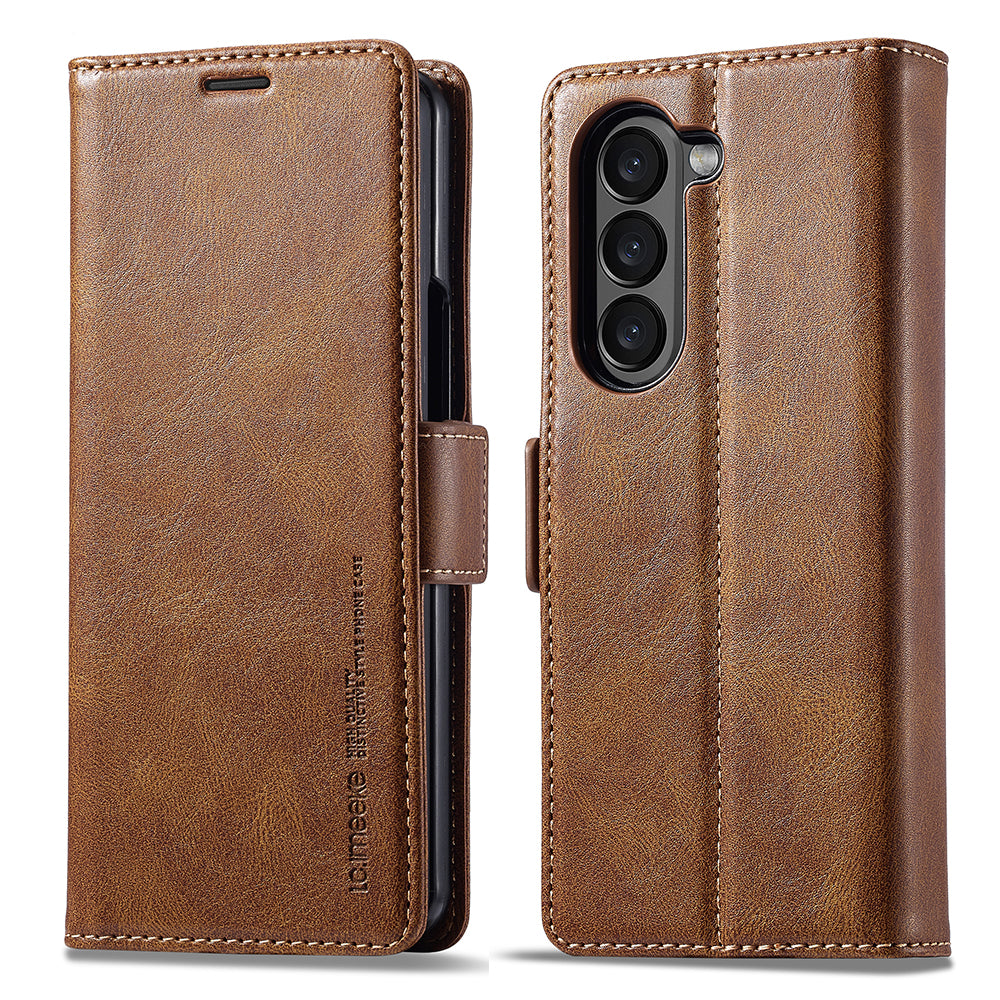 LC.IMEEKE For Samsung Galaxy Z Fold6 5G Phone Stand Case PU Leather RFID Blocking Wallet Cover - Brown