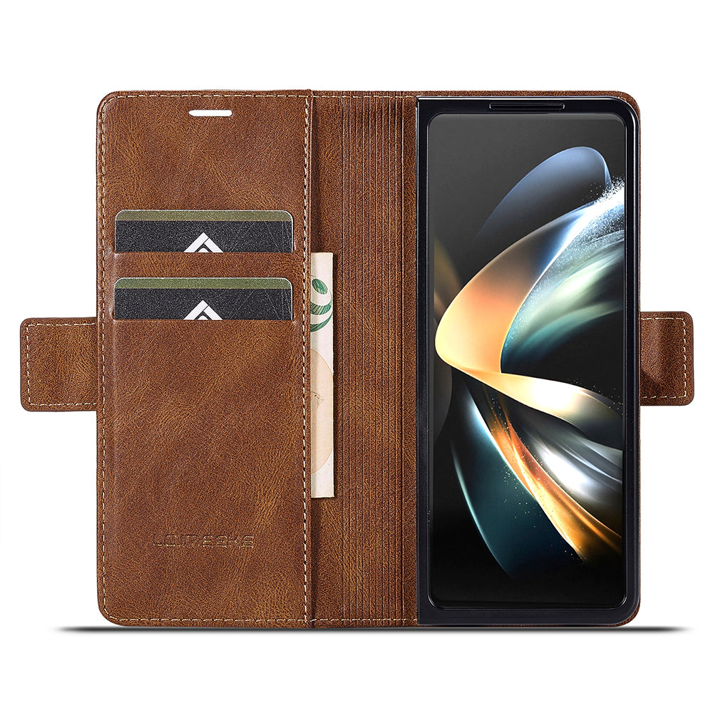 LC.IMEEKE For Samsung Galaxy Z Fold6 5G Phone Stand Case PU Leather RFID Blocking Wallet Cover - Brown