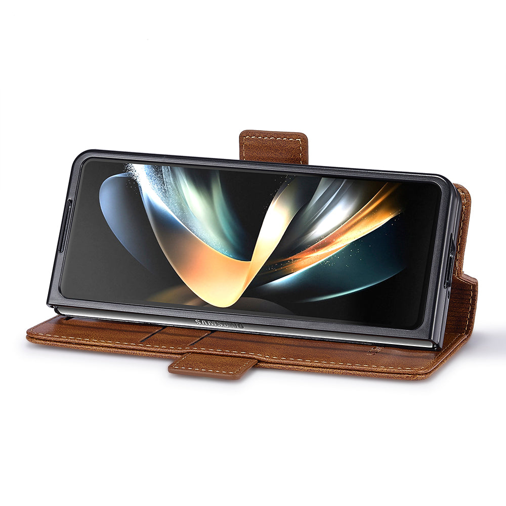 LC.IMEEKE For Samsung Galaxy Z Fold6 5G Phone Stand Case PU Leather RFID Blocking Wallet Cover - Brown