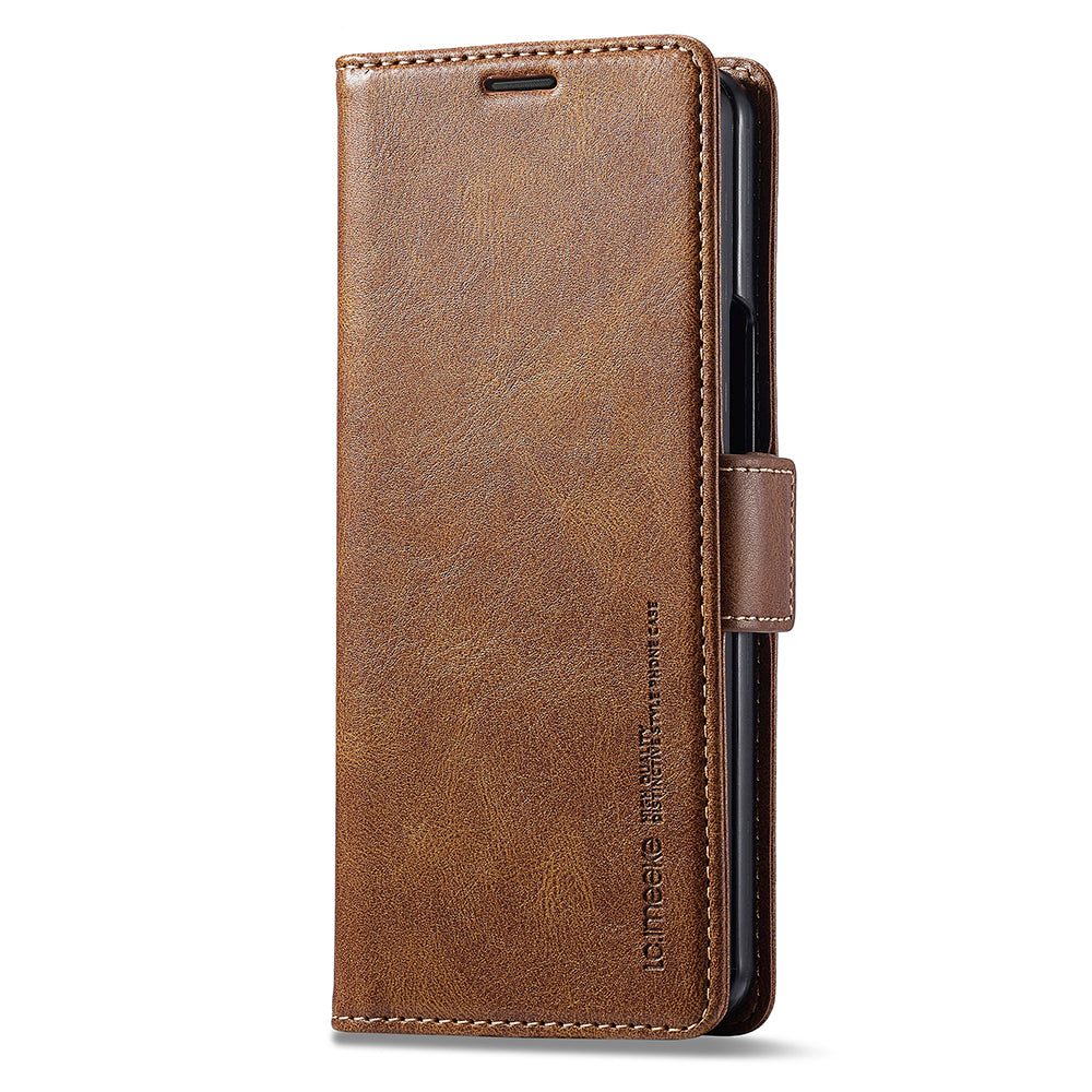 LC.IMEEKE For Samsung Galaxy Z Fold6 5G Phone Stand Case PU Leather RFID Blocking Wallet Cover - Brown