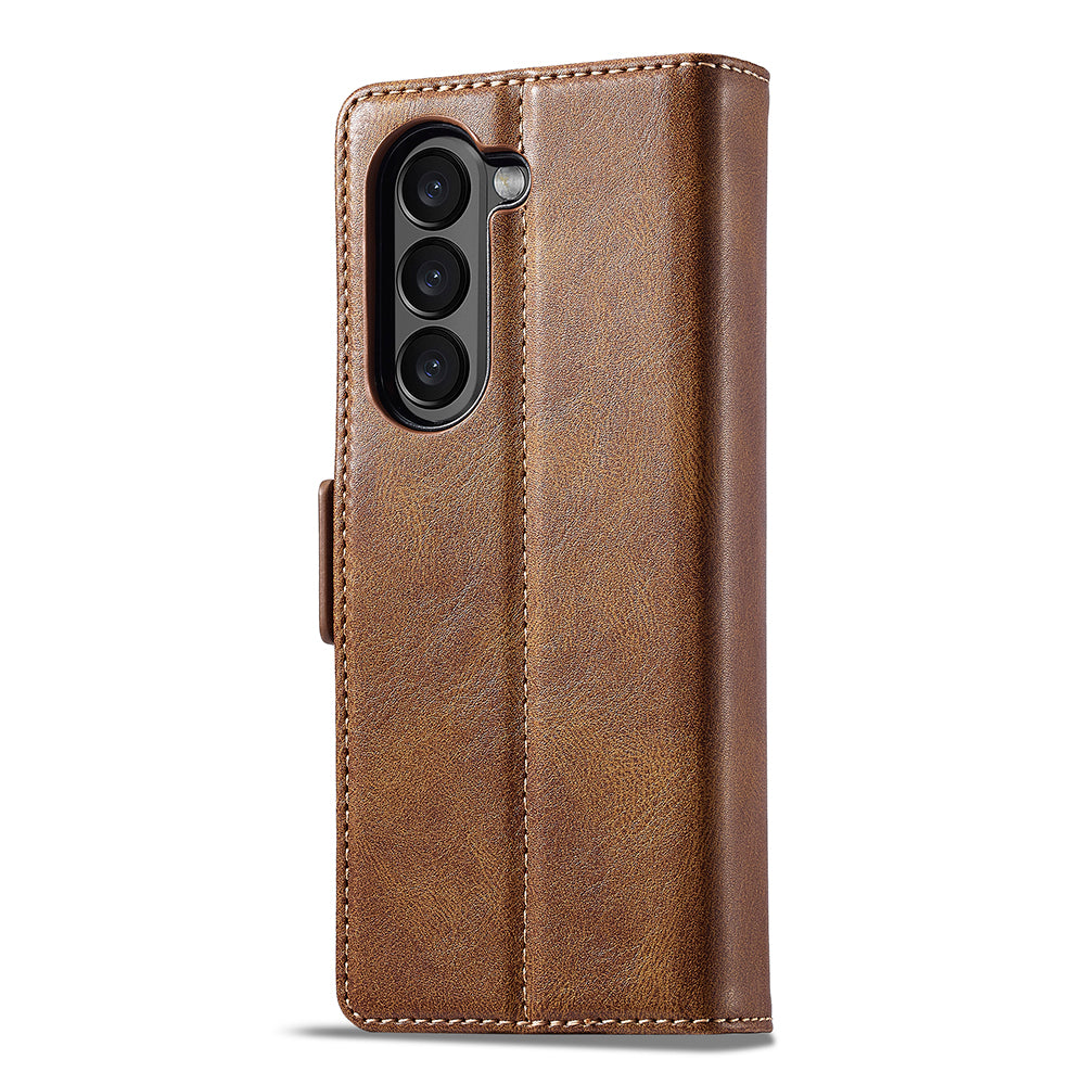 LC.IMEEKE For Samsung Galaxy Z Fold6 5G Phone Stand Case PU Leather RFID Blocking Wallet Cover - Brown