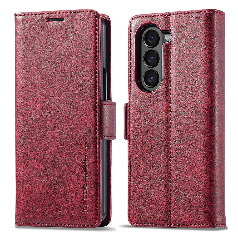 LC.IMEEKE For Samsung Galaxy Z Fold6 5G Phone Stand Case PU Leather RFID Blocking Wallet Cover - Red