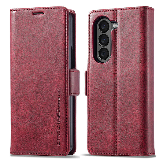 LC.IMEEKE For Samsung Galaxy Z Fold6 5G Phone Stand Case PU Leather RFID Blocking Wallet Cover - Red