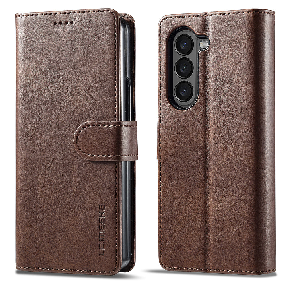 LC.IMEEKE For Samsung Galaxy Z Fold6 5G Case Calf Texture Magnetic Clasp Stand Phone Cover - Brown