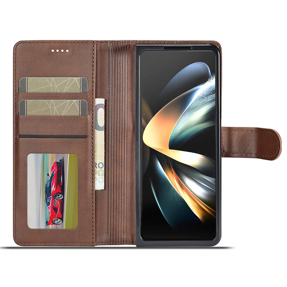 LC.IMEEKE For Samsung Galaxy Z Fold6 5G Case Calf Texture Magnetic Clasp Stand Phone Cover - Brown