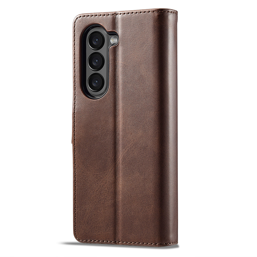 LC.IMEEKE For Samsung Galaxy Z Fold6 5G Case Calf Texture Magnetic Clasp Stand Phone Cover - Brown