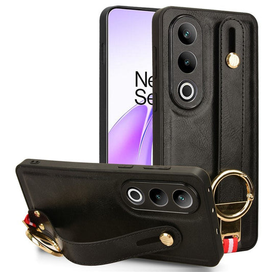 For OnePlus Ace 3V 5G Case Wristband Kickstand Leather Coated PC+TPU Protective Cover - Black