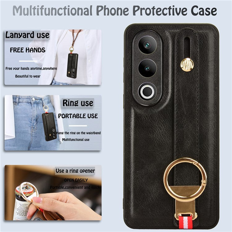 For OnePlus Ace 3V 5G Case Wristband Kickstand Leather Coated PC+TPU Protective Cover - Black