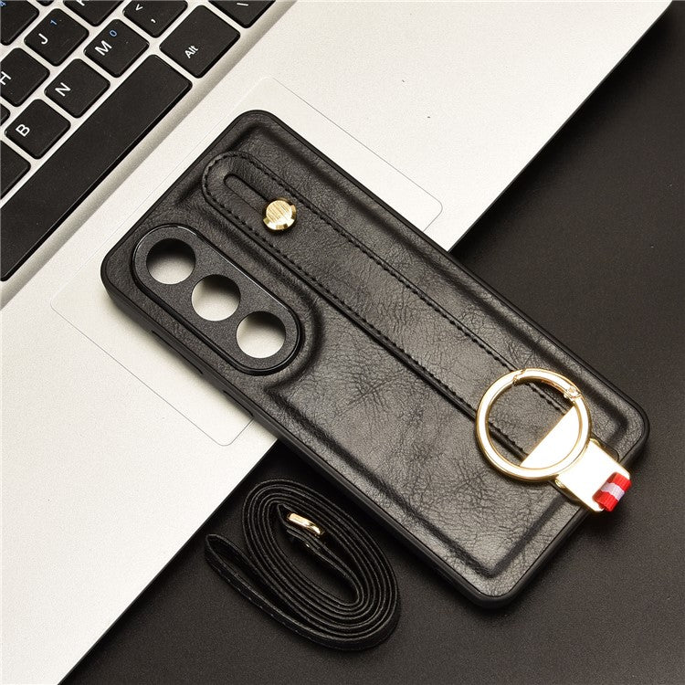 For OnePlus Ace 3V 5G Case Wristband Kickstand Leather Coated PC+TPU Protective Cover - Black