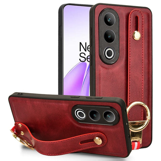 For OnePlus Ace 3V 5G Case Wristband Kickstand Leather Coated PC+TPU Protective Cover - Red