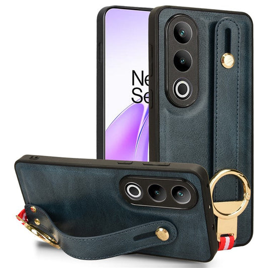 For OnePlus Ace 3V 5G Case Wristband Kickstand Leather Coated PC+TPU Protective Cover - Blue