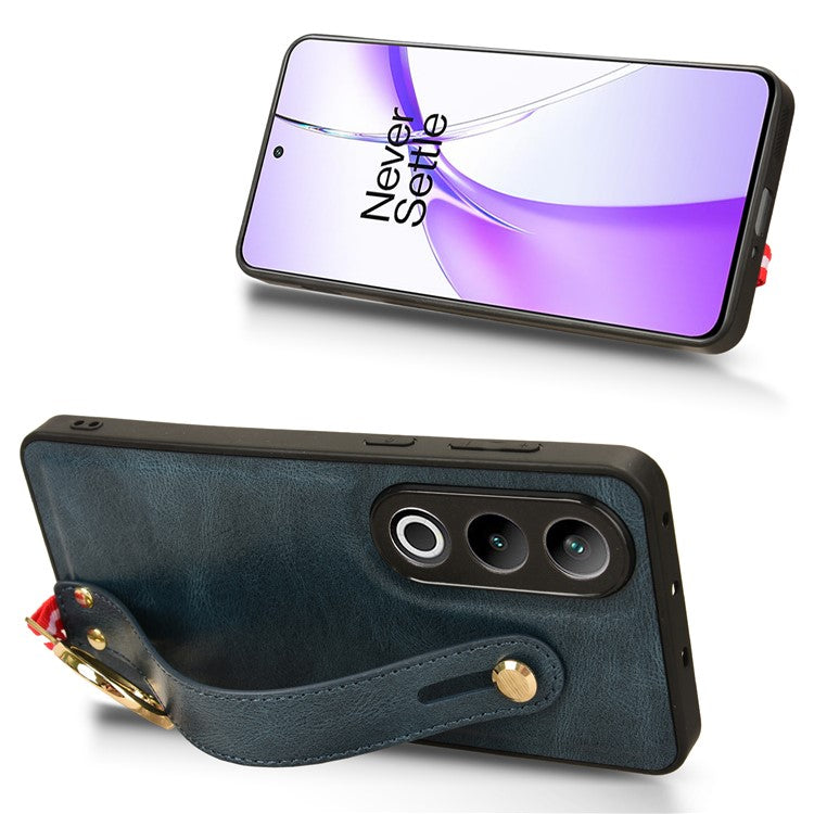 For OnePlus Ace 3V 5G Case Wristband Kickstand Leather Coated PC+TPU Protective Cover - Blue