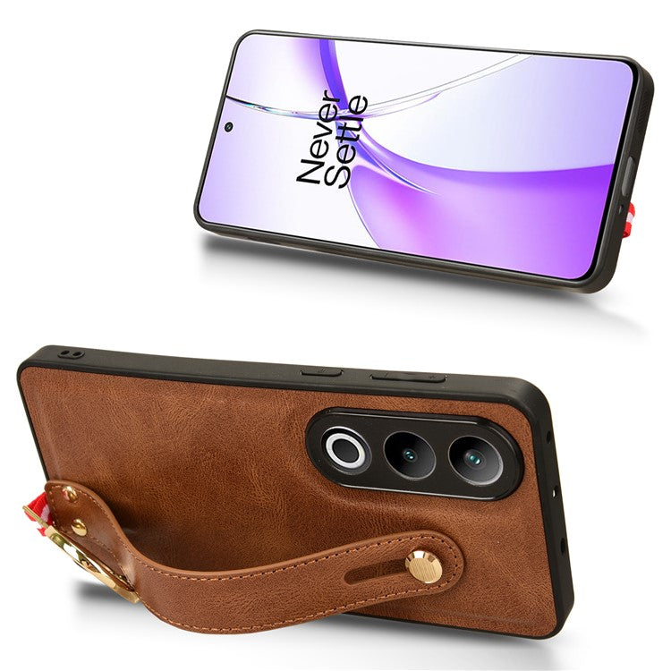 For OnePlus Ace 3V 5G Case Wristband Kickstand Leather Coated PC+TPU Protective Cover - Brown