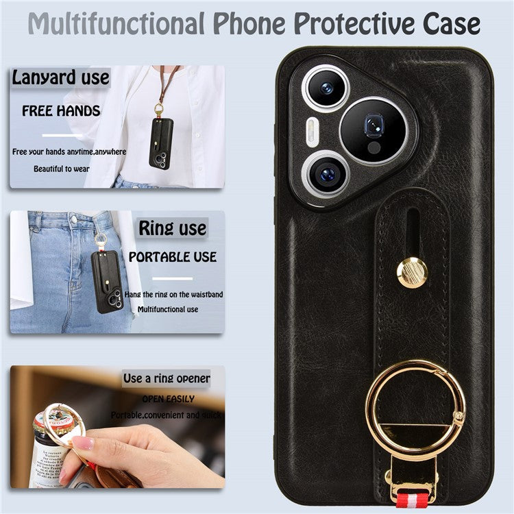 For Huawei Pura 70 Wristband Kickstand Case Fall Proof Phone Cover with Bottle Opener Ring - Black