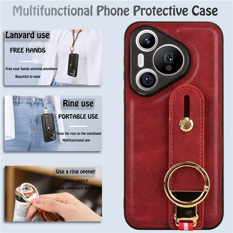 For Huawei Pura 70 Wristband Kickstand Case Fall Proof Phone Cover with Bottle Opener Ring - Red