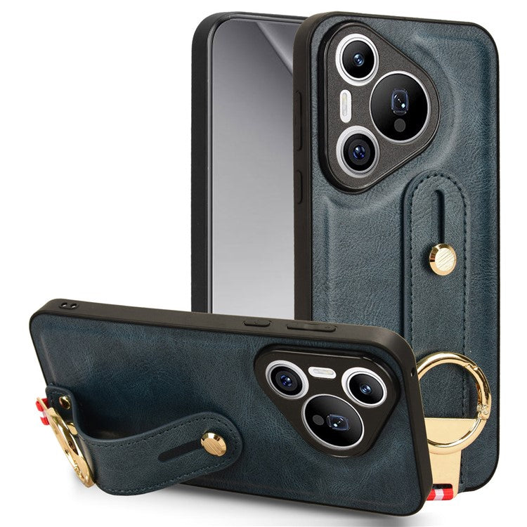 For Huawei Pura 70 Wristband Kickstand Case Fall Proof Phone Cover with Bottle Opener Ring - Blue
