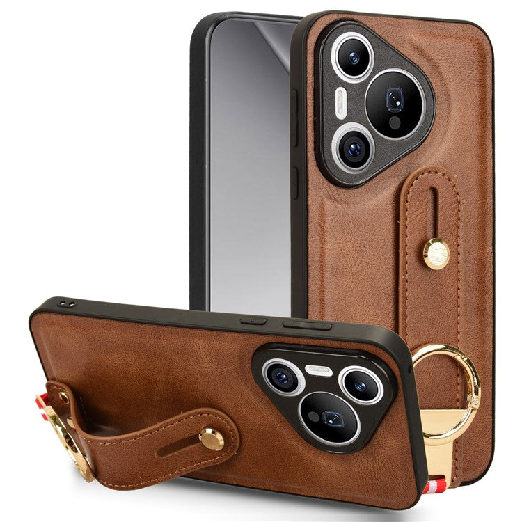 For Huawei Pura 70 Wristband Kickstand Case Fall Proof Phone Cover with Bottle Opener Ring - Brown