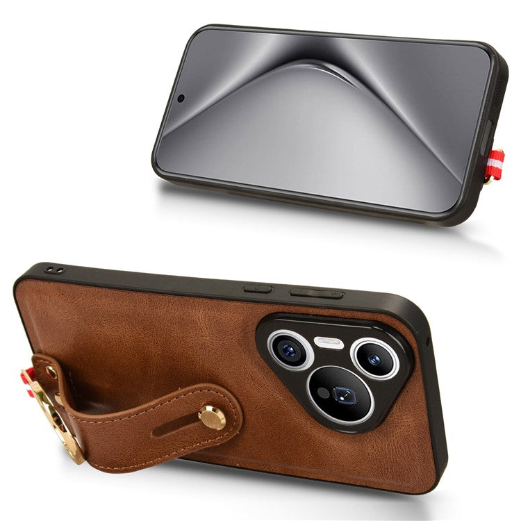 For Huawei Pura 70 Wristband Kickstand Case Fall Proof Phone Cover with Bottle Opener Ring - Brown