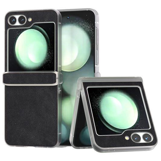 For Samsung Galaxy Z Flip6 5G Case Matte Edge PU Leather Coated PC Hinge Protection Cover - Black