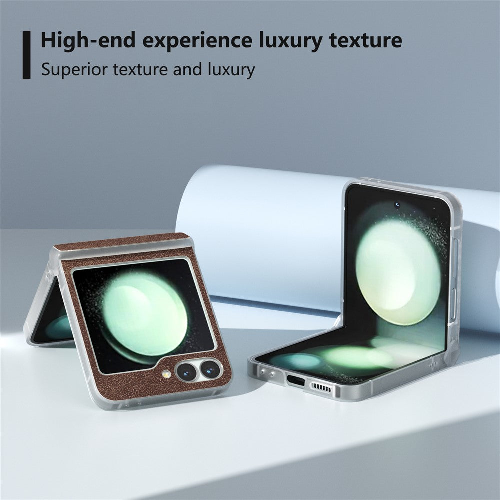 For Samsung Galaxy Z Flip7 FE 5G / Z Flip6 5G Case Matte Edge PU Leather Coated PC Hinge Protection Cover - Coffee