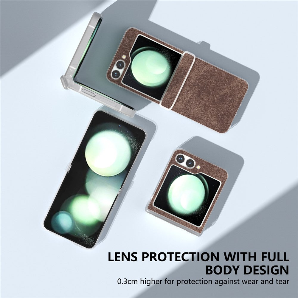 For Samsung Galaxy Z Flip7 FE 5G / Z Flip6 5G Case Matte Edge PU Leather Coated PC Hinge Protection Cover - Coffee