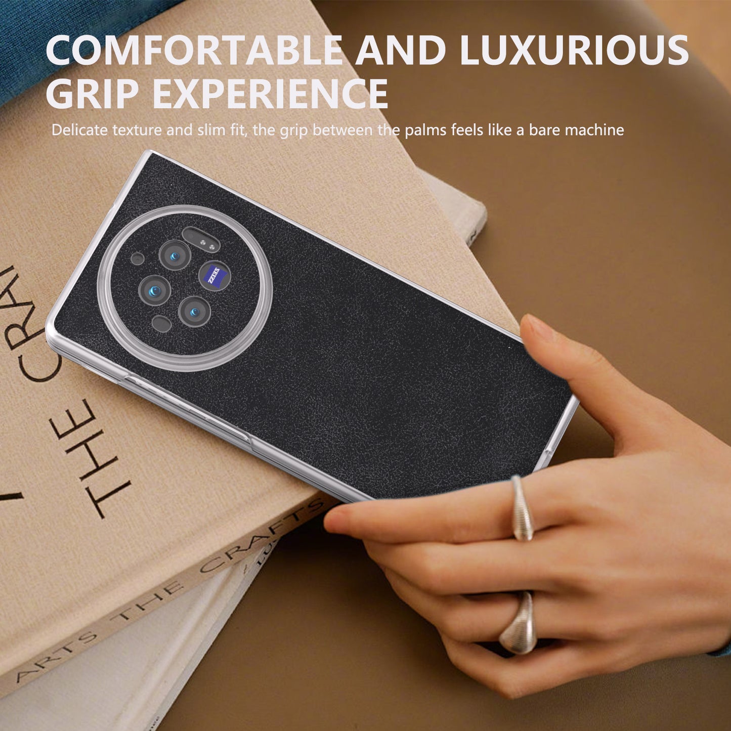 For vivo X Fold3 Case PU Leather Coated PC Matte Edge Anti-Fingerprint Phone Cover - Black