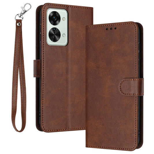 For OnePlus Nord 2T 5G Case PU Leather Stand Wallet Smartphone Cover with Strap - Brown