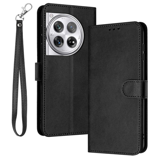 For OnePlus 12 5G Cell Phone Case PU Leather Flip Stand Protective Shell Calf Texture - Black