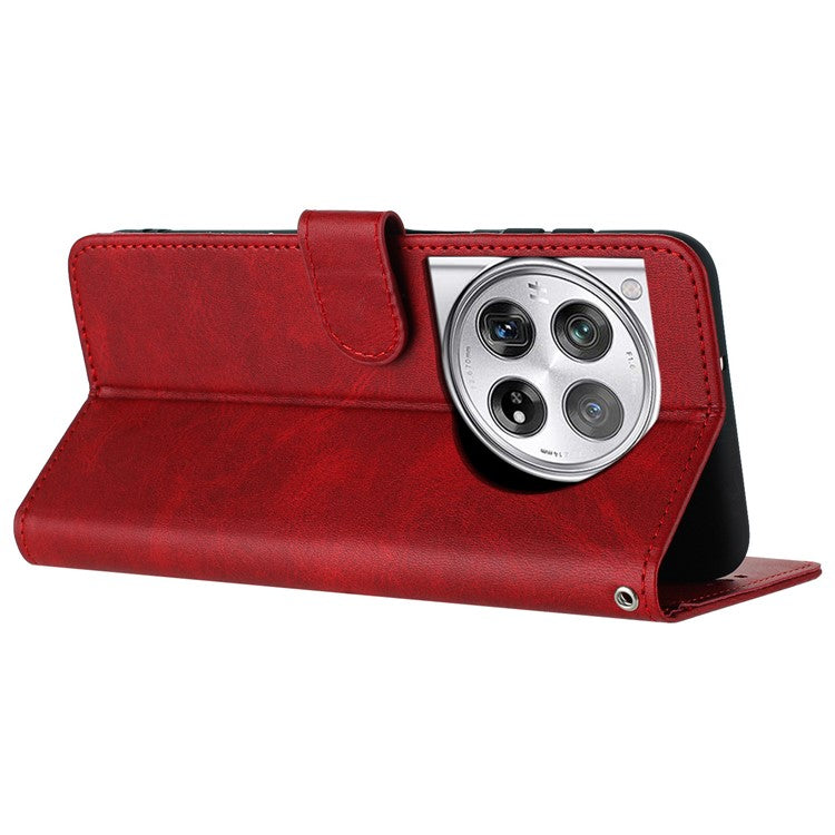 For OnePlus 12 5G Cell Phone Case PU Leather Flip Stand Protective Shell Calf Texture - Red