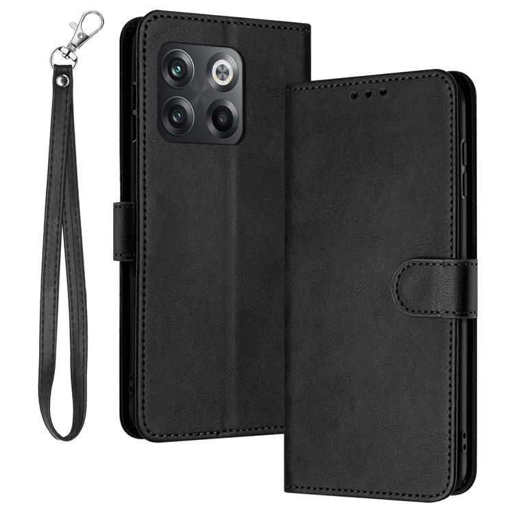 For OnePlus Ace Pro 5G / 10T 5G Case Pure Color Calf Texture Phone Back Cover with Strap - Black