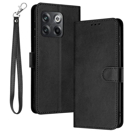 For OnePlus Ace Pro 5G / 10T 5G Case Pure Color Calf Texture Phone Back Cover with Strap - Black