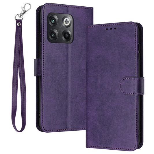 For OnePlus Ace Pro 5G / 10T 5G Case Pure Color Calf Texture Phone Back Cover with Strap - Purple