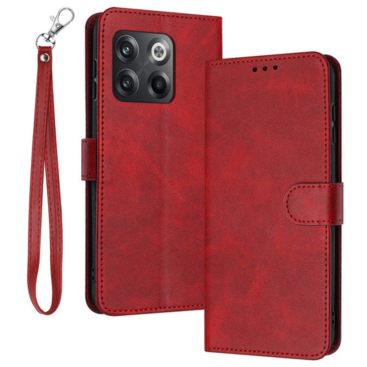 For OnePlus Ace Pro 5G / 10T 5G Case Pure Color Calf Texture Phone Back Cover with Strap - Red