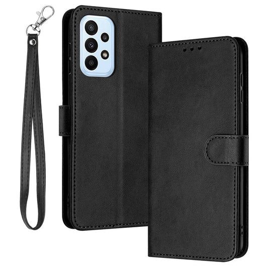 For Samsung Galaxy A33 5G Case Strap Design Calf Texture Fall Proof Phone Cover - Black